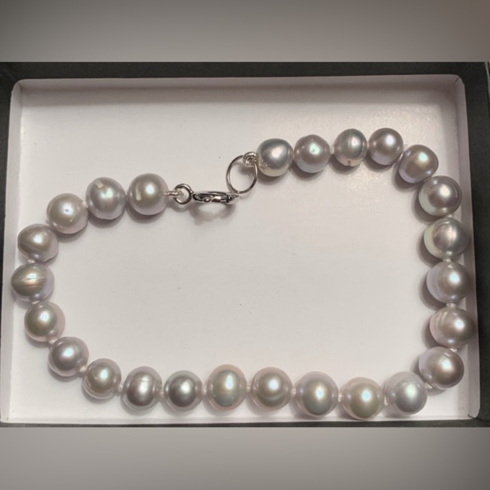 Natural 8 mm Gray Pearl 7" Bracelet Sterling Silver 925 hand knotted - Picture 1 of 7